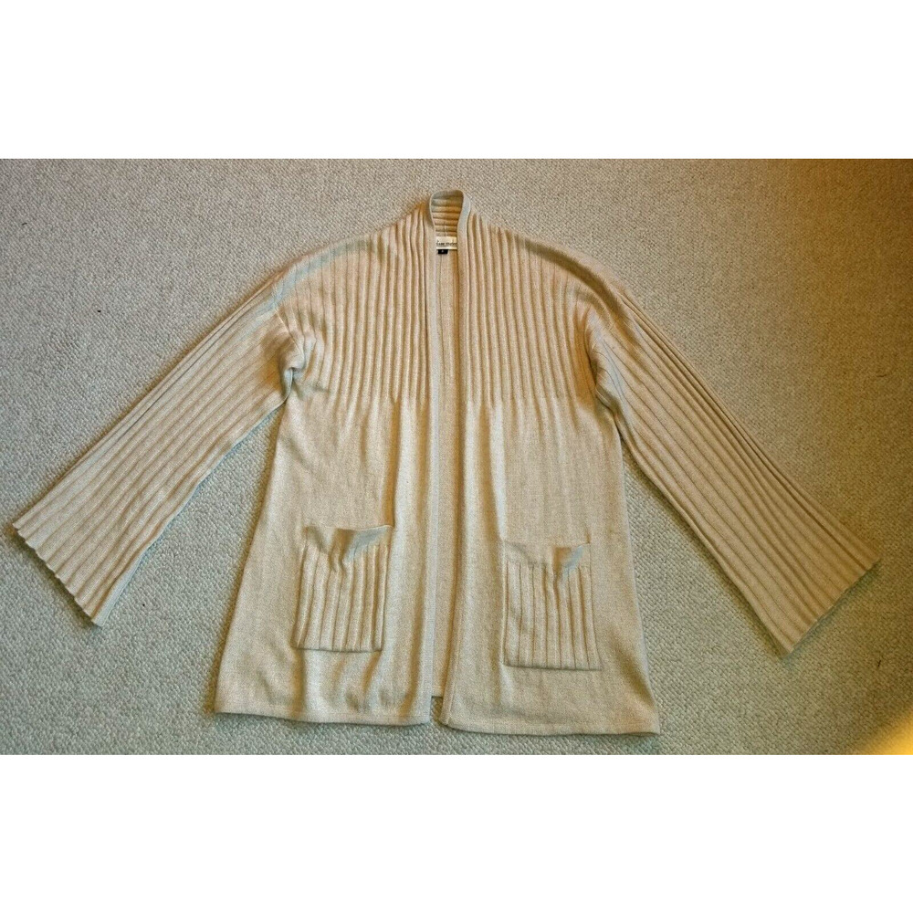 Womens Sweater-DIANE SNYDER-HAND KNIT-beige ribbed silk/cashmere open cardigan-S